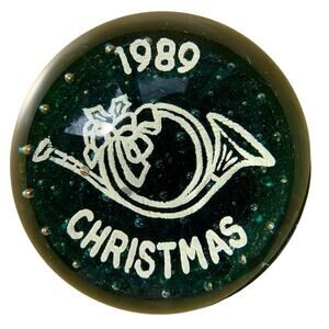 Vintage 1980s Millville Art Glass Paperweight Christmas 1989 French Horn Green